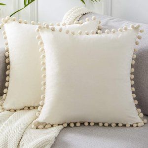 Set of 2 Ivory Soft Velvety Velour Pom Pom Trim Velvet Pillow Covers Pillows New